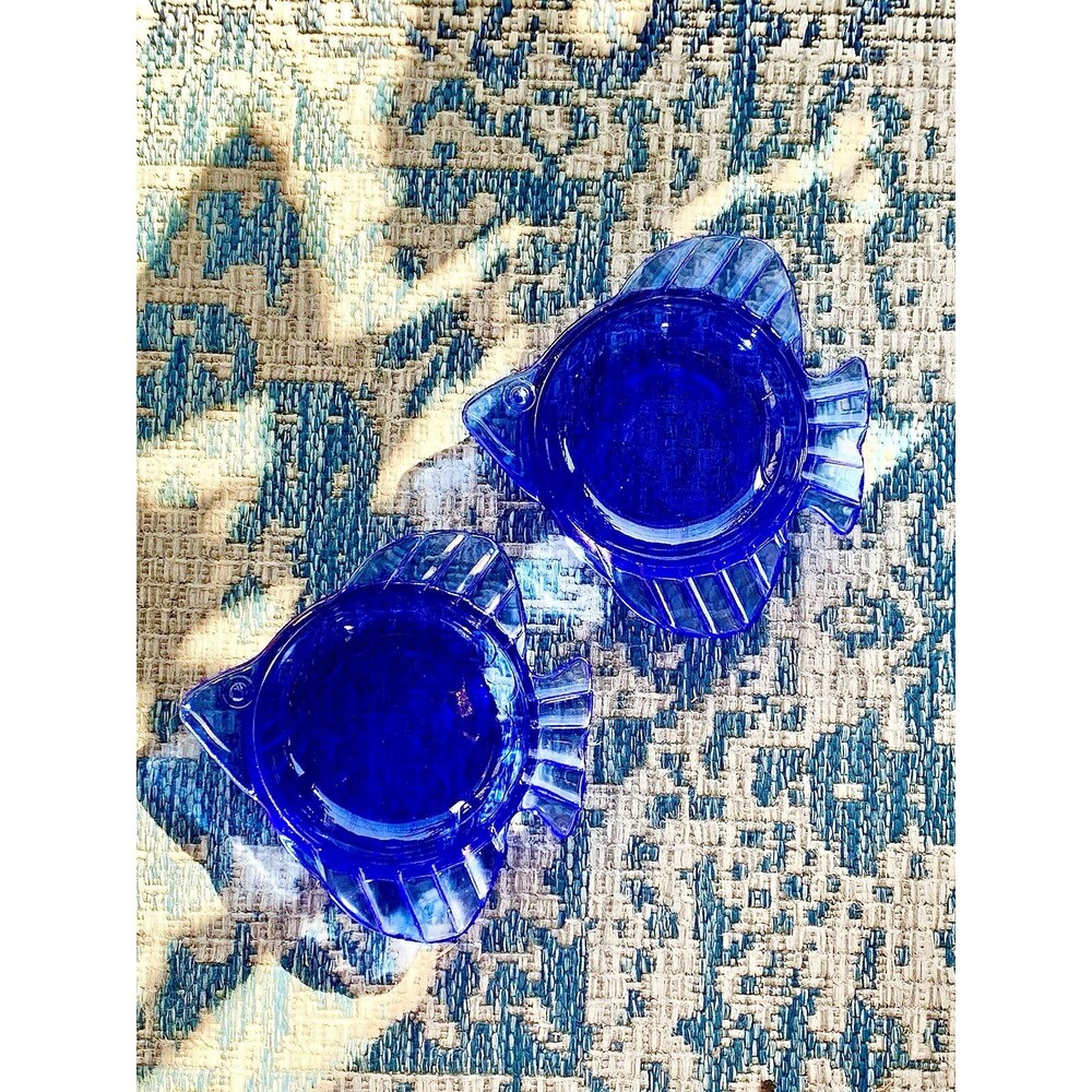 Vintage Hazel Atlas Blue Glass Angel Fish Bowls Pair 1930s Depression Art
